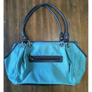 Clarks Canvas Turquoise Navy Blue Women's Tote Bag Purse Zipper 7 Pockets